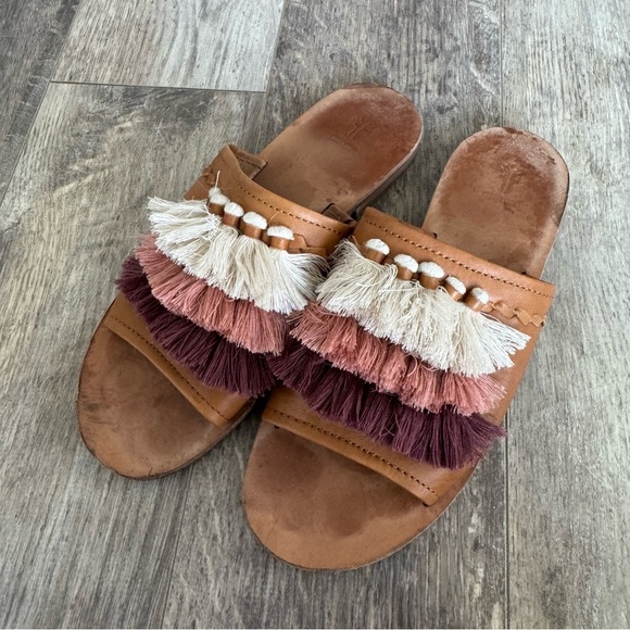Frye Riley Tassel Slide Leather Sandal - Tan w/Multicolor Fringe - Picture 5 of 7